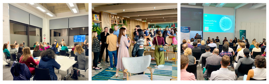 Collage of three Cambridge Network events: a training session with raised hands, a business networking event and a recruitment candidate evening with a Riverlane panel discussion.