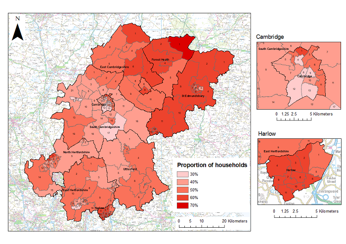  map which illustrates the proportion of households falling into the housing affordability gap in the Cambridge TTWA.