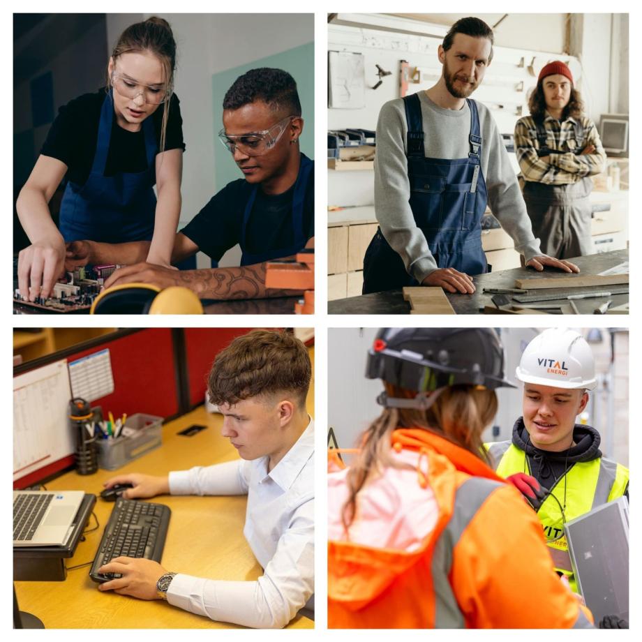 A collage of images of young people in different work roles.