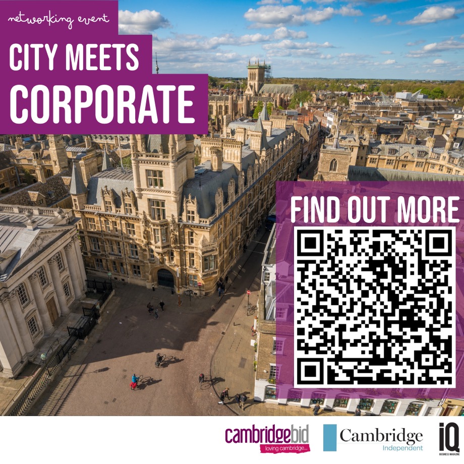 image of Cambridge, with text of city meets corporate and logos of Cambridge bid, Cambridge independent and IQ