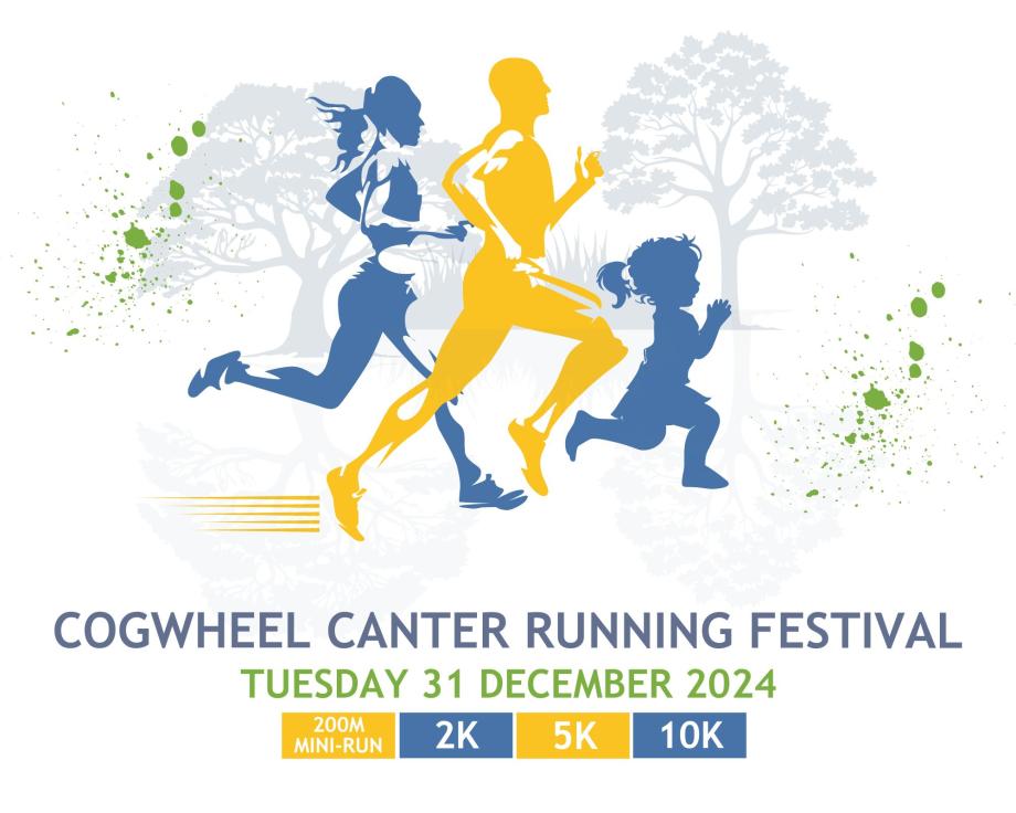 Graphic with the text Cogwheel Canter Running Festival, Tuesday 31st December 2024 and the race distances