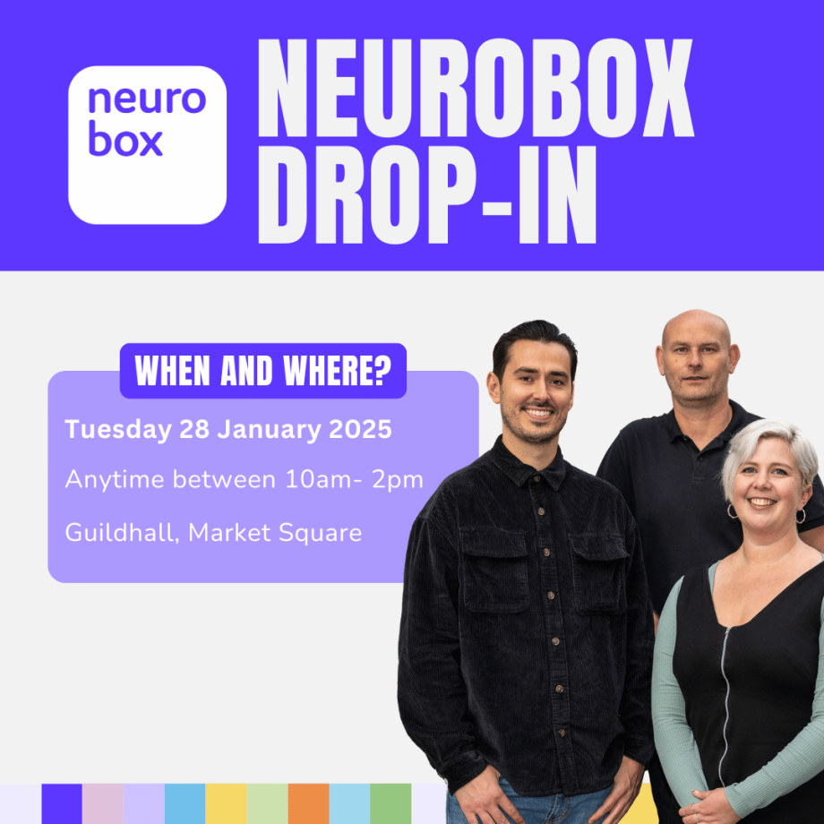 neurobox drop-in - when and where, Tues 28 January 2025. anytime between 10 - 2pm at Guildhall. Photo shows 2 men in black shirts and one female in a black dress smiling at the camera.