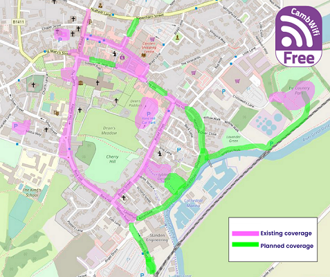 Map showing CambWiFi extended in Ely