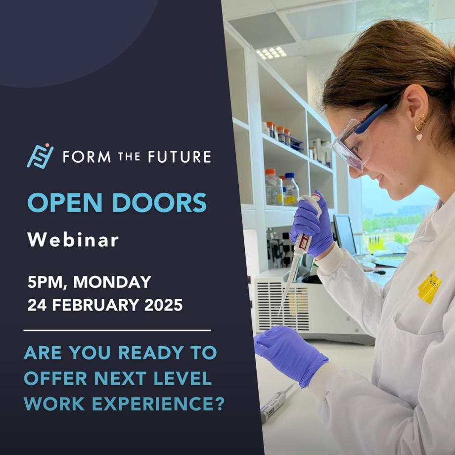 a lady in a white coat in a lab, with white writing on a dark blue background next to her