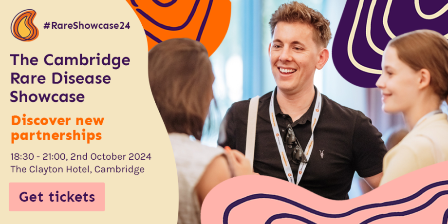 Graphic advertising the Cambridge Rare Disease Showcase. The image shows three people enjoying a conversation. 