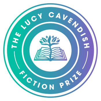 Fiction Prize logo. Circle in a blue and purple gradient, with a book and tree in the middle