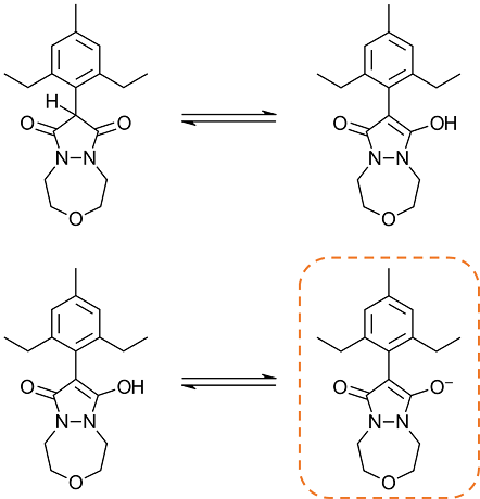 The tautomerization (top) and deprotonation reactions of the pyrazoline scaffold of Pinoxaden