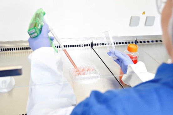 Scientist with blue gloves holding a line and filling test tubes.