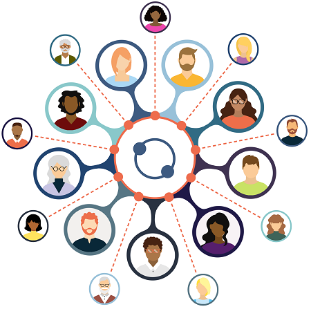 A graphic showing people connected by a grid 