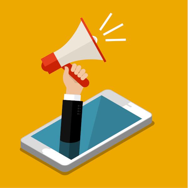 Concept of digital marketing vector - a hand raising from a phone with a loudspeaker