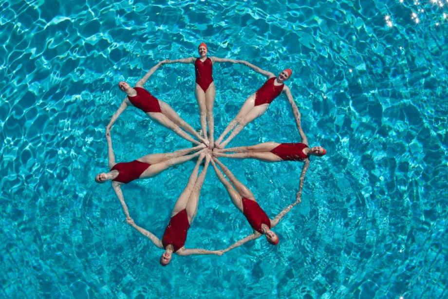 a pool with 7 synchronised swimmers in a circle