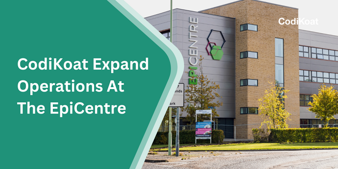 A title image showing the headline "CodiKoat Expand Operations at The EpiCentre" on the left, with an image of The EpiCentre building on the right, with greenery outside