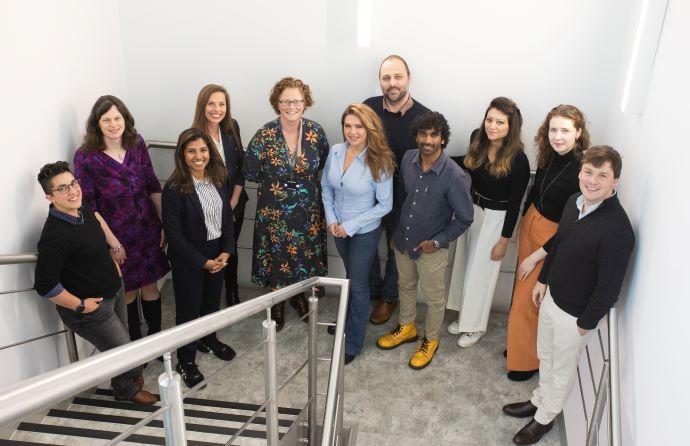 The Accelerate@Babraham 2024 cohort, from left, Krishnaa Mahbubani (The New Platelet Company), Marloes Tijssen (The New Platelet Company), Lavenniah Annadoray (Ephyra), Jess Stokes (enstic), Programme Manager Jenny Hirst, Staša Stanković (OvartiX), Alexandre Webster (U-Ploid biotechnologies ltd), Freddy Sarathchandra (enstic), Nirupa Desai (Athernal), Caroline Haegeman (Athernal), Ieuan Walker (Athernal). 