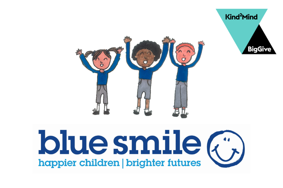 Drawing of smiling, cheering children. Blue Smile, happier children brighter futures. Big Give.