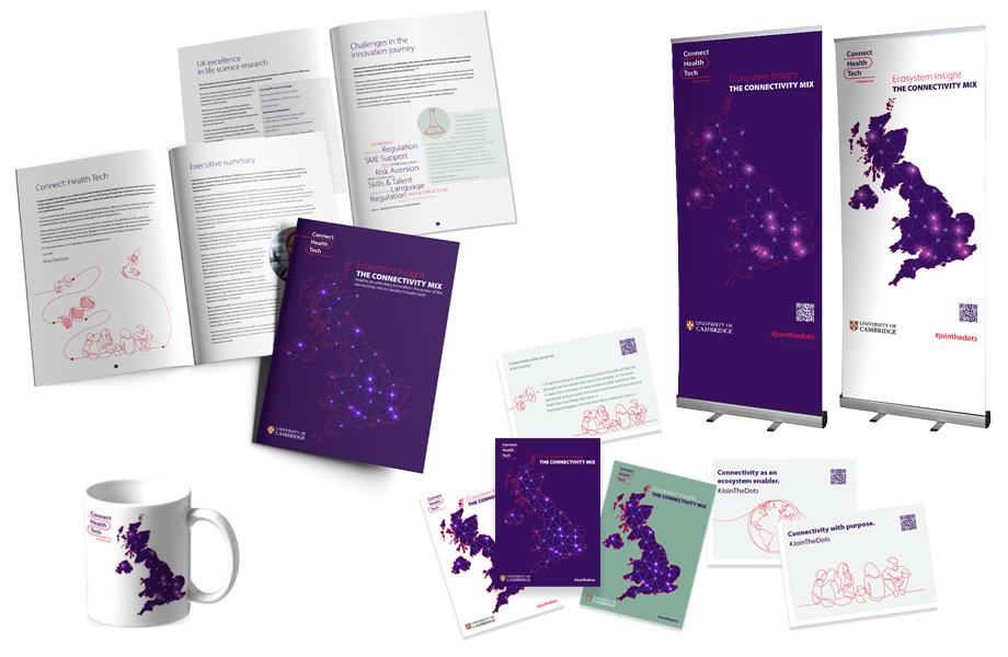 Image shows the Connect: Health Tech white paper 'Ecosystem Insights', pull-up stands and thought-provoking cards