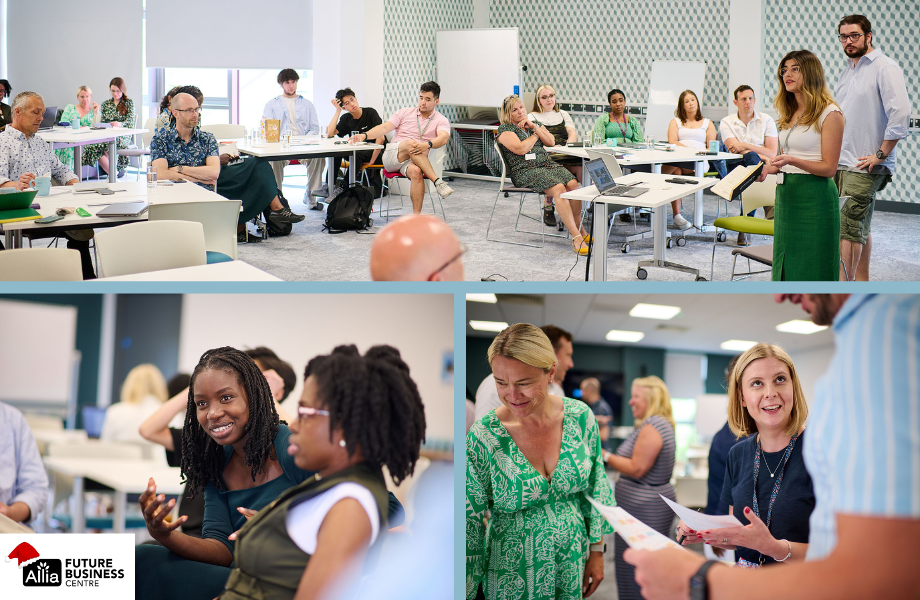 People talking and having a conference in the Allia Cambridge Campus Conference room 