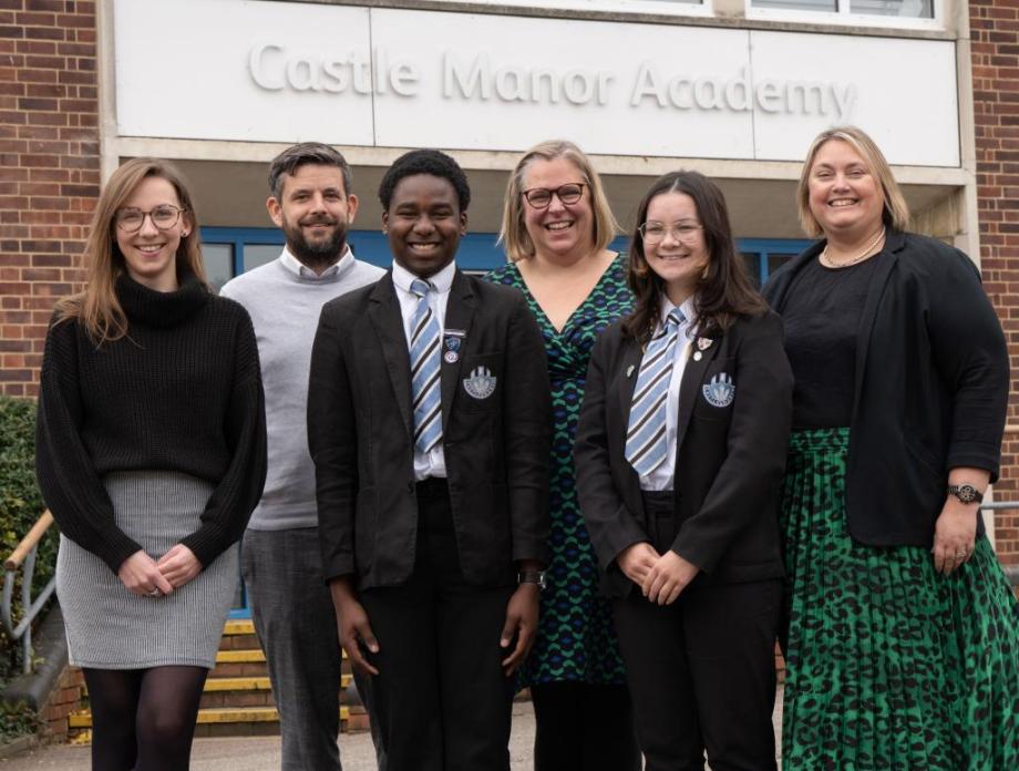  Headteacher Vanessa Whitcombe and Careers Lead, Daniel Course with Faye Dorsett and Kirsten Riding of Deloitte and senior students of Castle Manor Academy.