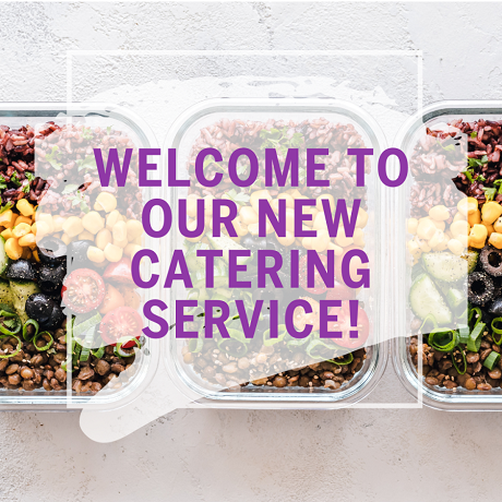 Boxes of healthy food with text "Welcome to our new catering service"