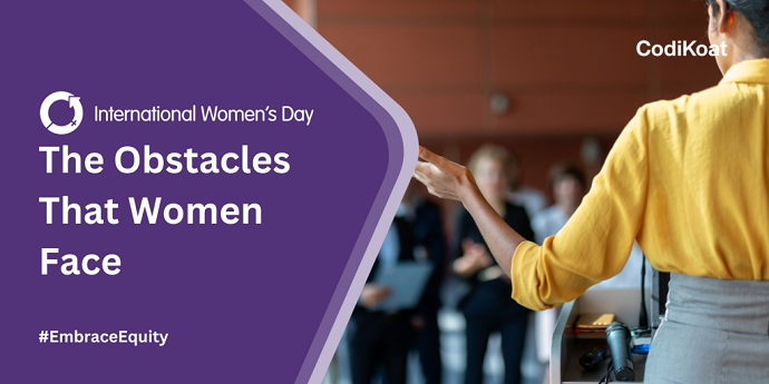 A title image showing the headline "The Obstacles That Women Face" on the left with the International Women's Day logo above the headline and #EmbraceEquity below it. On the right, there is an image of a woman presenting a speech from behind a podium, wearing a yellow shirt with an audience that is taking notes