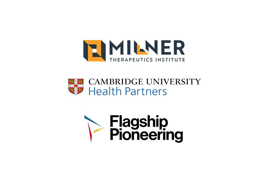 Logos for the Milner Therapeutics Institute, Cambridge University Health Partners and Flagship Pioneering appear on a white background.