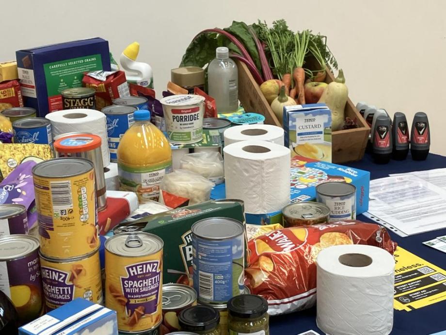 table of food items donated to Crossways