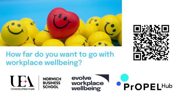 A QR code and logos of UEA, Evolve Workplace Wellbeing and the PrOPEL Hub