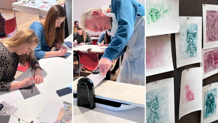 Photos of team members enjoying an etching workshop at Kettle's Yard 