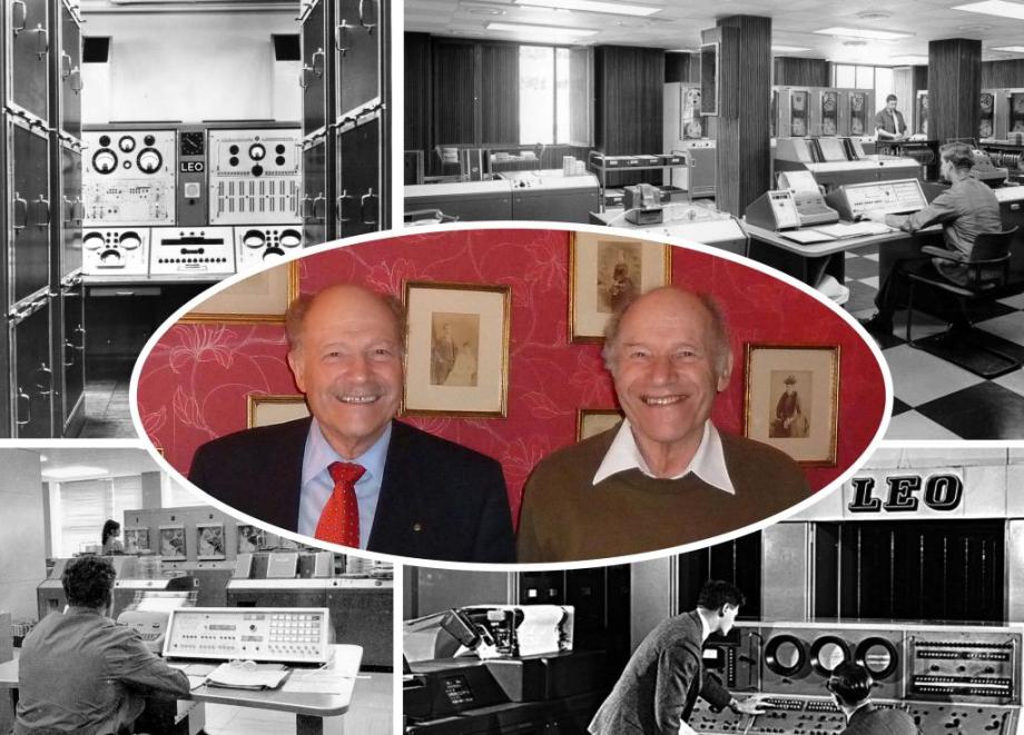 Old photographs of early computers with Frank and Ralph Land in the centre