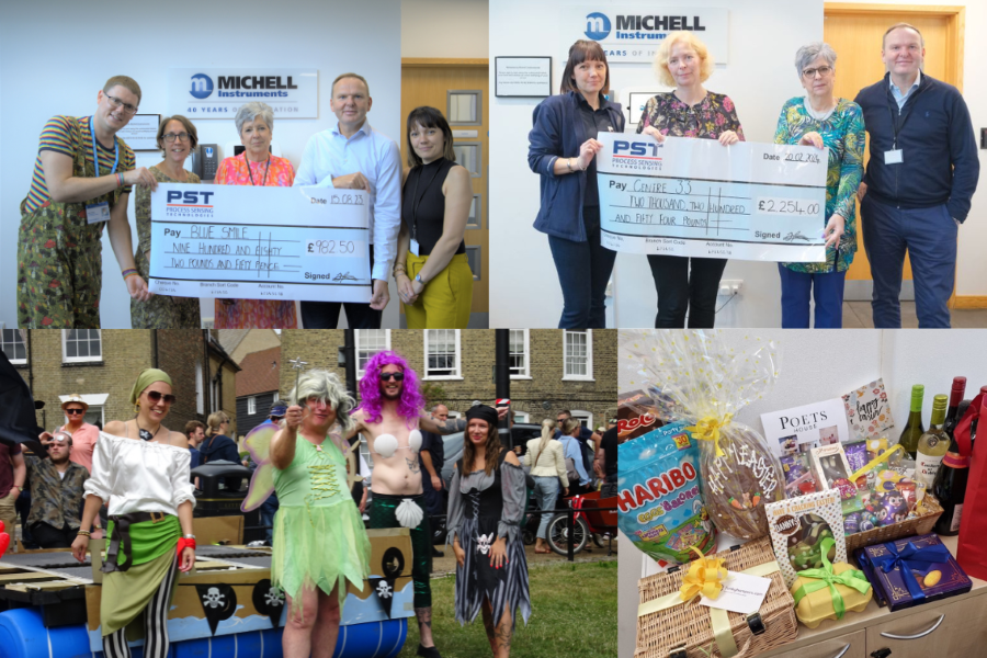 Clockwise from top left: Michell Instruments team holding cheque with Blue Smile team, Michell Instruments team holding cheque with Nancy Hogg from Centre 33, raffle items for fundraiser, Michell Instruments team at Aqua Fest 2023 raising money