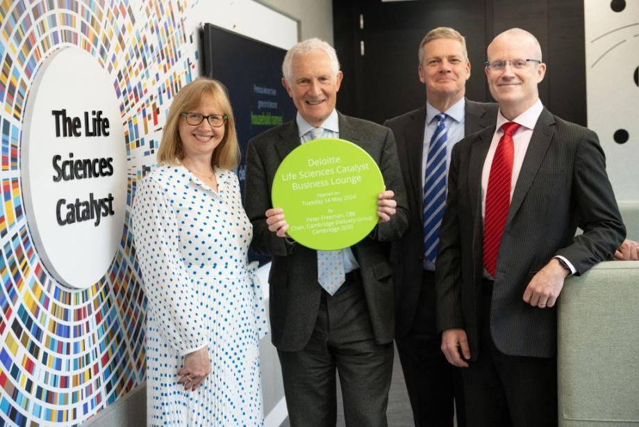 Fran Cousins, Deloitte Practice Senior Partner with Peter Freeman CBE, Chair, Cambridge Delivery Group Cambridge 2050, Paul Schofield, Deloitte partner and Chris Aylott, Partner Lead for Life Sciences Catalyst (red tie).