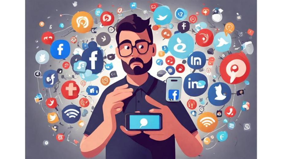 This is a colourful, artistic illustration depicting a man holding a smartphone, surrounded by a chaotic explosion of social media icons. The man looks confused and overwhelmed, conveying the complexity and stress of navigating the social media landscape. 