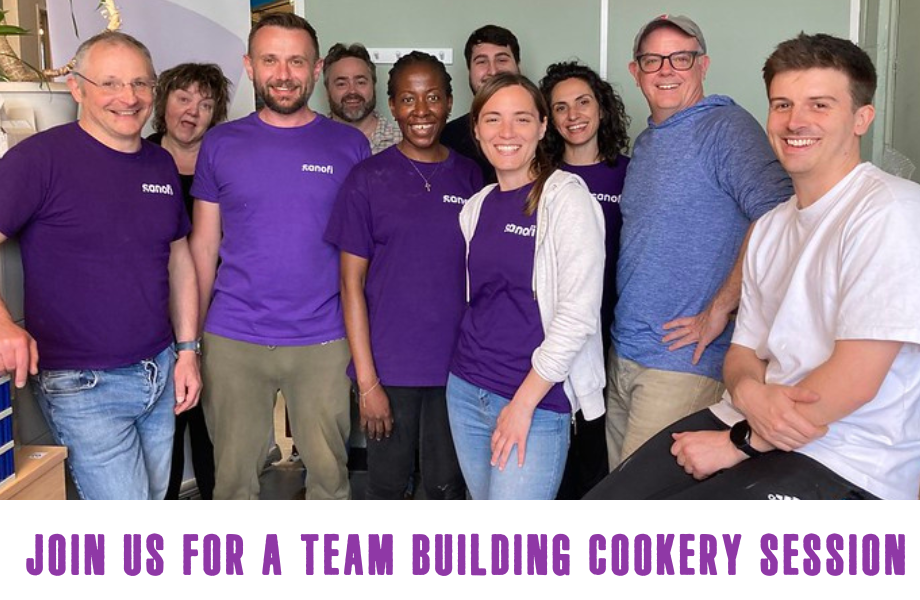People smiling and looking at camera with text reading "Join us for a team building cookery session"
