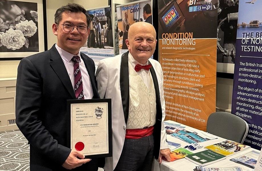 Tat-Hean Gan, Director of Membership, Innovation and Global Operations at TWI, receiving the CM Innovation Award 2023 from Professor Len Gelman, the General Chair of the International Annual Condition Monitoring Conference, hosted by BINDT, and Chair in Signal Processing and Condition Monitoring at the University of Huddersfield.
