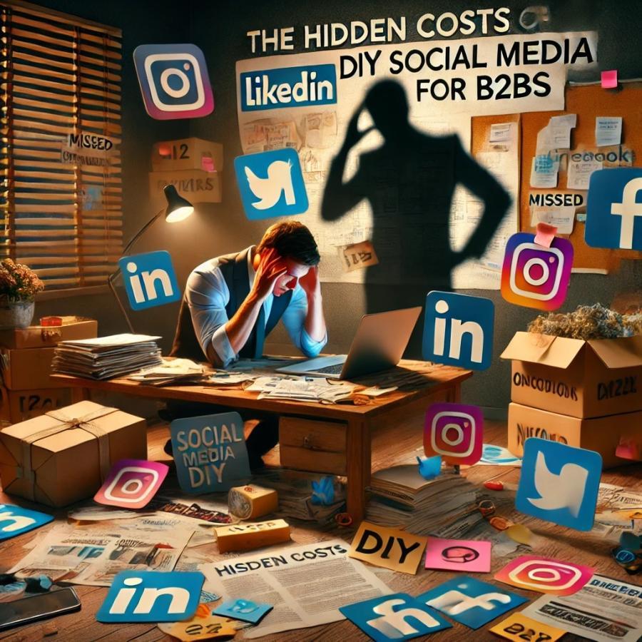 A stressed business owner in a cluttered home office, overwhelmed by DIY social media tasks, surrounded by social media icons and scattered papers, with a shadowy figure labeled 'Missed Opportunities' in the background.