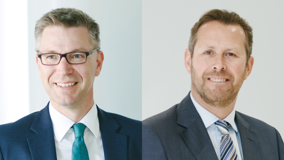 Two photos of two men in blue suits with blue patterned ties, side by side