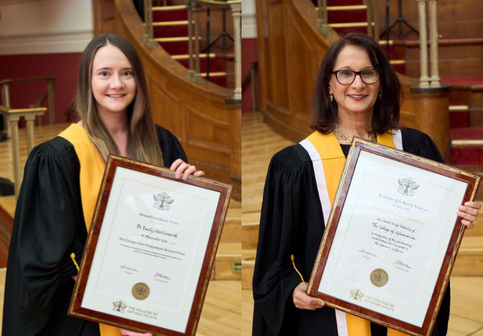 Professor Shahina Pardhan and Dr Emily Charlesworth receive optometry awards.