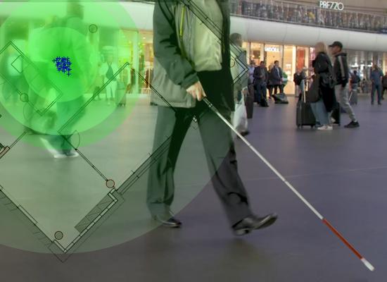 visually impaired person with cane walking through a busy transport hub; technology map superimposed 