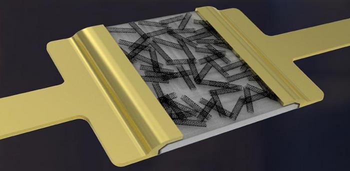   Artist's impression of a hybrid-nanodielectric-based printed-CNT transistor  Credit: Luis Portilla