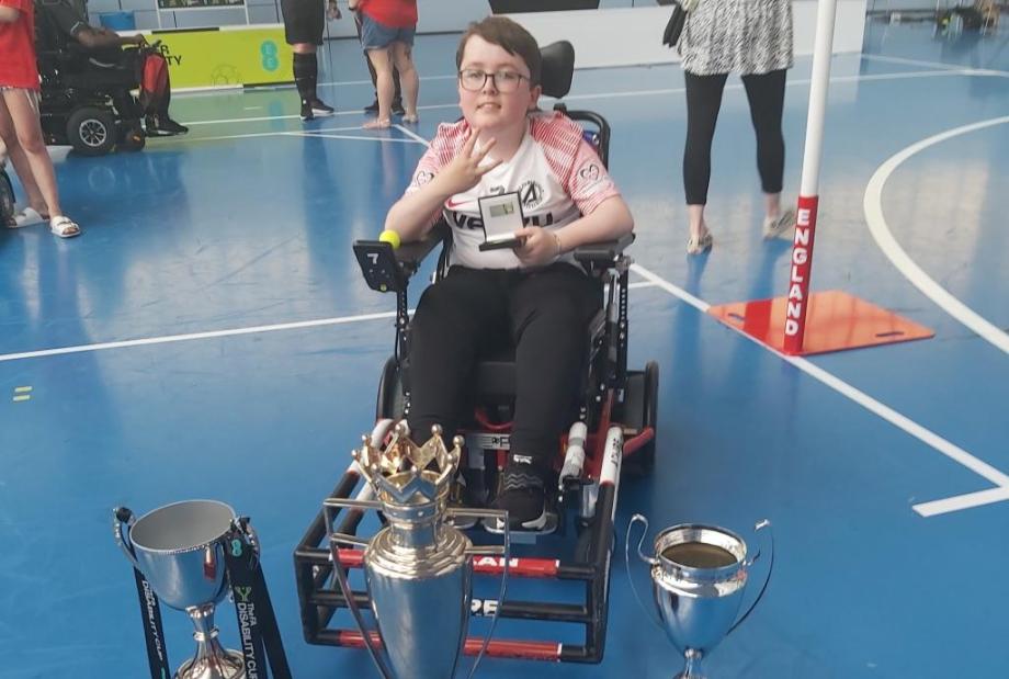 Powerchair football player Dan from Kimbolton School