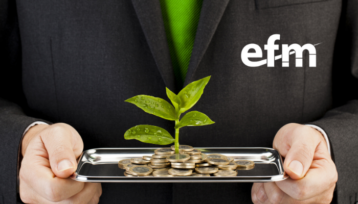 efm man holding tray with coins underneath small green plant
