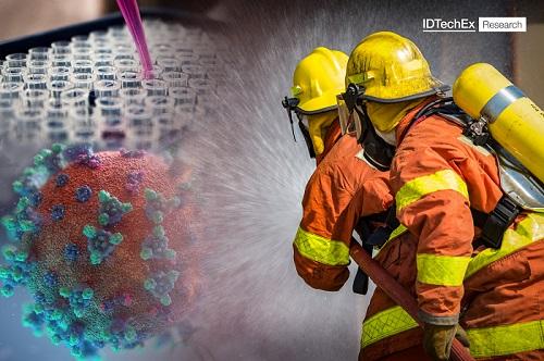 IDTechEx- firemen spraying a hose onto an image of Covid-19
