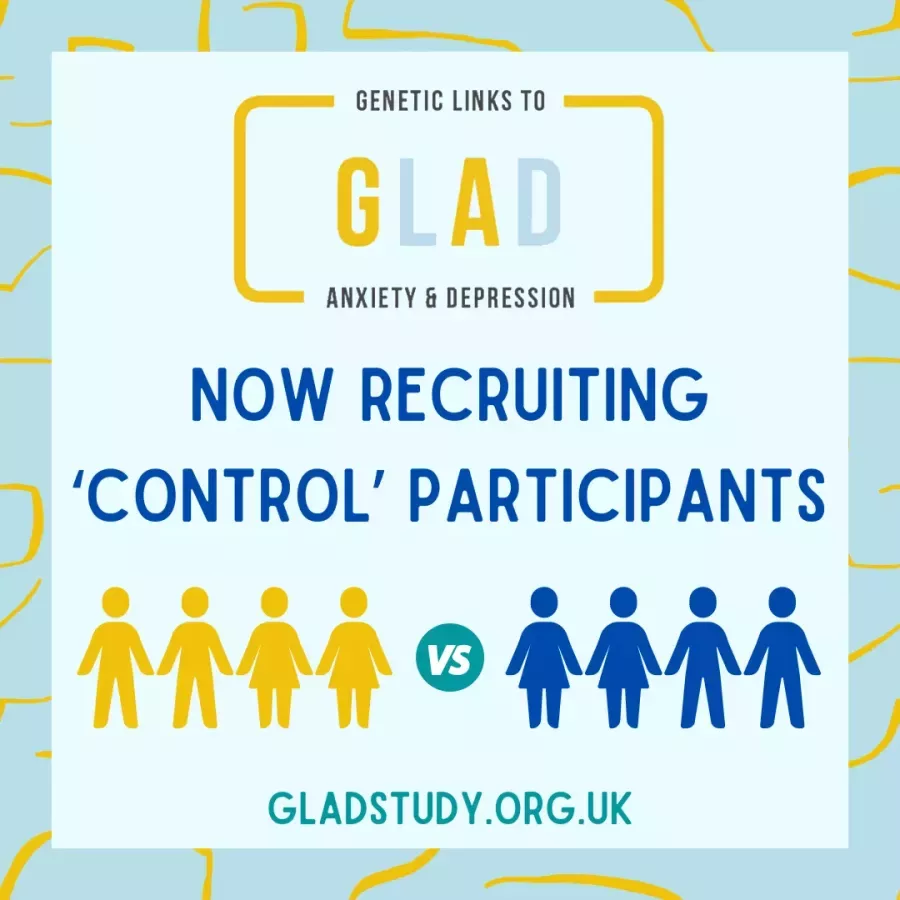 GLAD logo showing 8 silhouettes, 4 yellow, 4 blue with the words "Now Recruiting Control Participants"