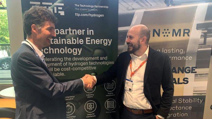 Charles Cooke, TTP’s Sustainable Energy Technology Lead, meeting with Ionomr Innovations’ Andrew Belletti  at World Electrolysis Congress in Dusseldorf last week.